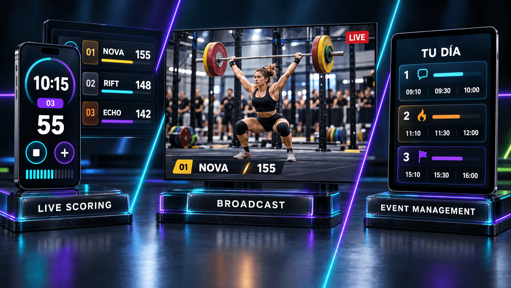 Los tres servicios sobre sus pedestales. Live Scoring: un móvil de juez con el crono, las repeticiones y una clasificación en directo. Broadcast: una pantalla con la retransmisión de una atleta levantando la barra y el rótulo de su puesto. Event Management: una tableta con los horarios del día de un equipo.